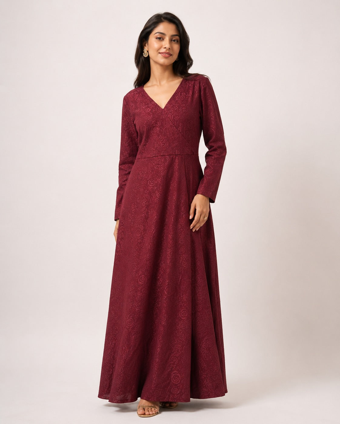 Women’s Wine Satin Wrap Maxi Dress with Front Slit | Elegant Party Wear Dress