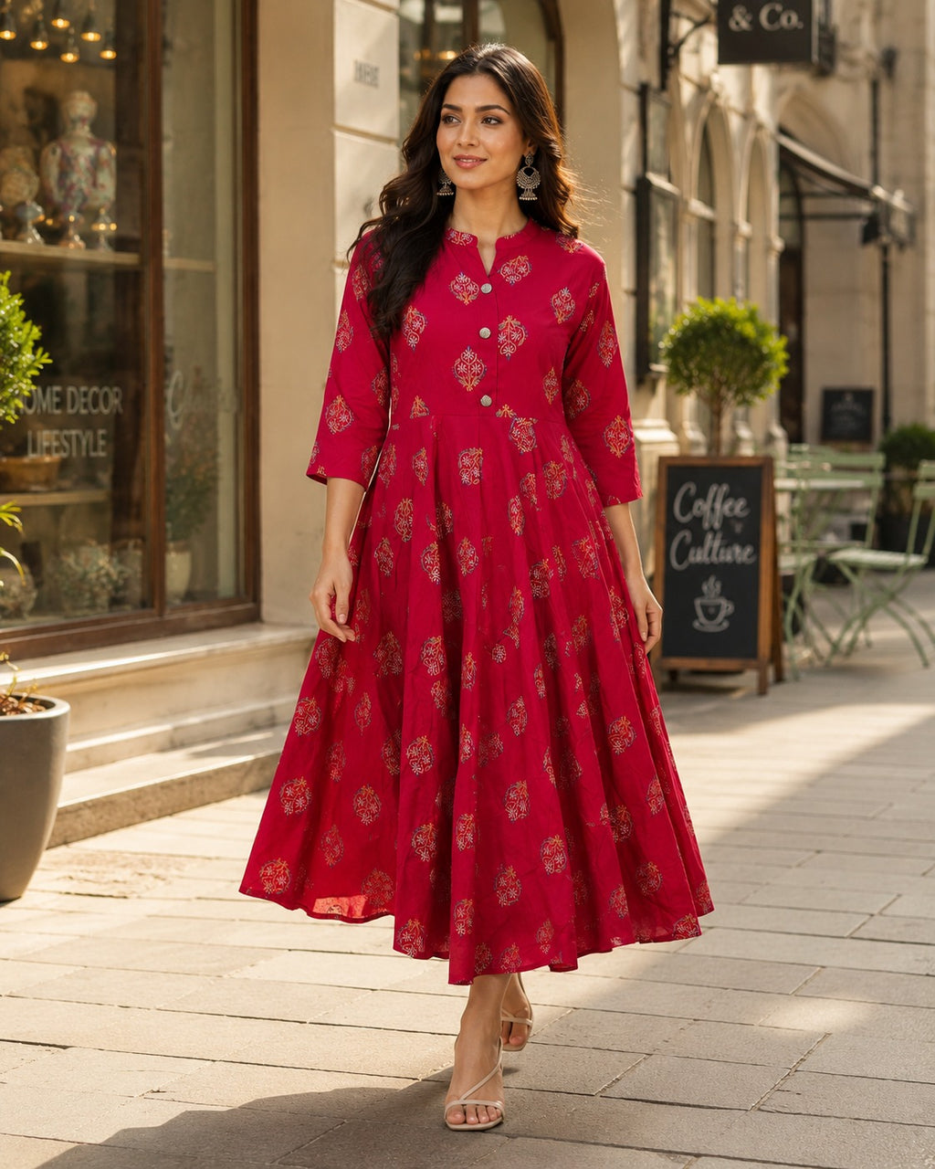 Women's Maroon Printed Anarkali Maxi Dress | Flared Ethnic Long Dress