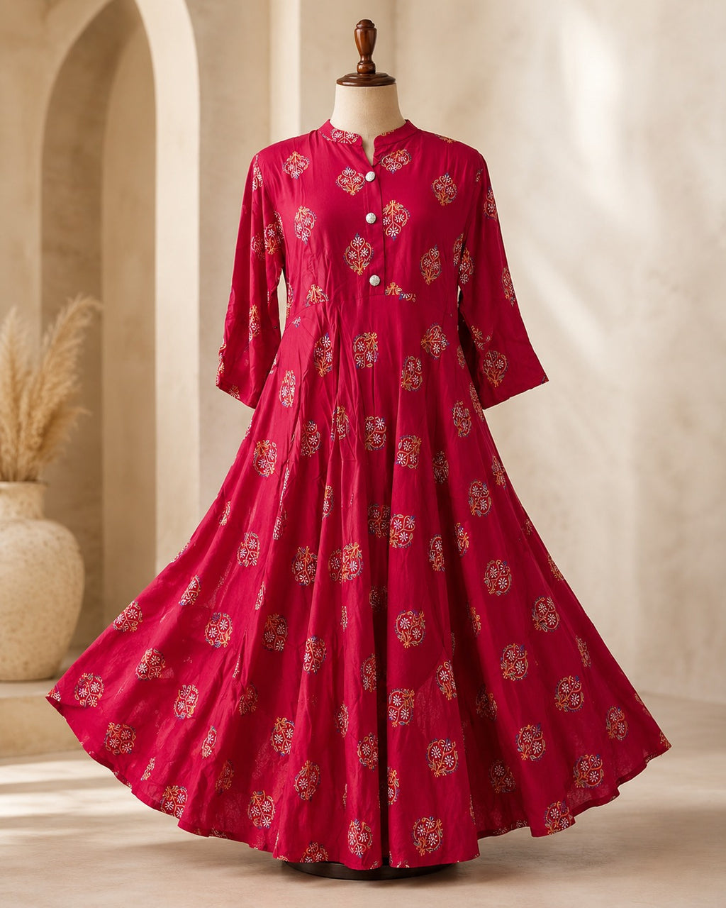 Women's Maroon Printed Anarkali Maxi Dress | Flared Ethnic Long Dress