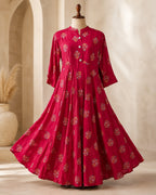 Women's Maroon Printed Anarkali Maxi Dress | Flared Ethnic Long Dress