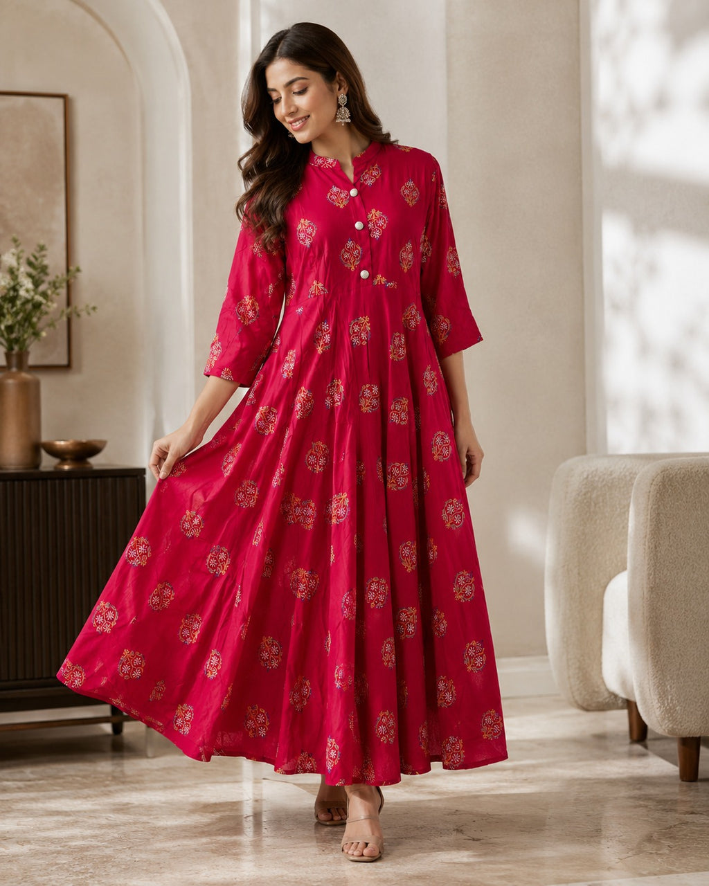 Women's Maroon Printed Anarkali Maxi Dress | Flared Ethnic Long Dress
