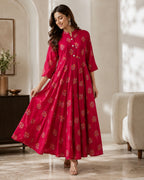 Women's Maroon Printed Anarkali Maxi Dress | Flared Ethnic Long Dress
