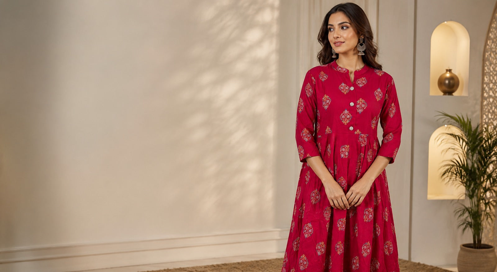 Women's Maroon Printed Anarkali Maxi Dress | Flared Ethnic Long Dress