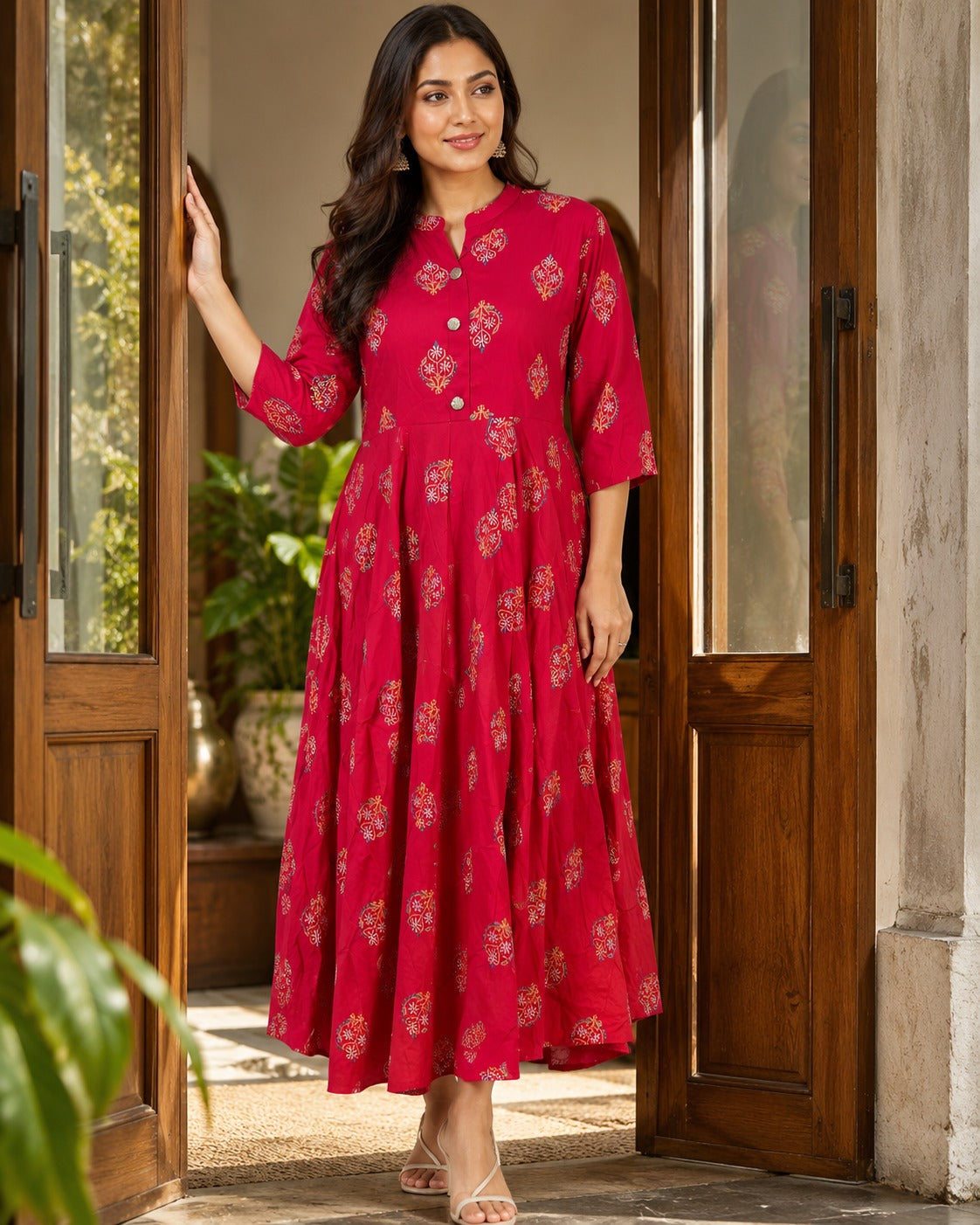 Women's Maroon Printed Anarkali Maxi Dress | Flared Ethnic Long Dress
