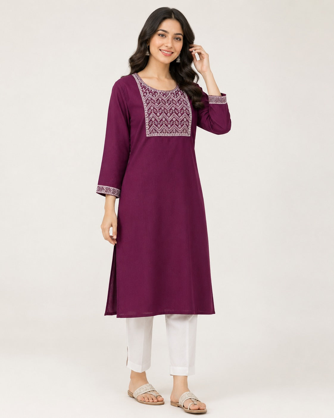 Women’s Wine Embroidered Straight Kurta | Elegant Casual Ethnic Wear