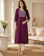 Women’s Wine Embroidered Straight Kurta | Elegant Casual Ethnic Wear