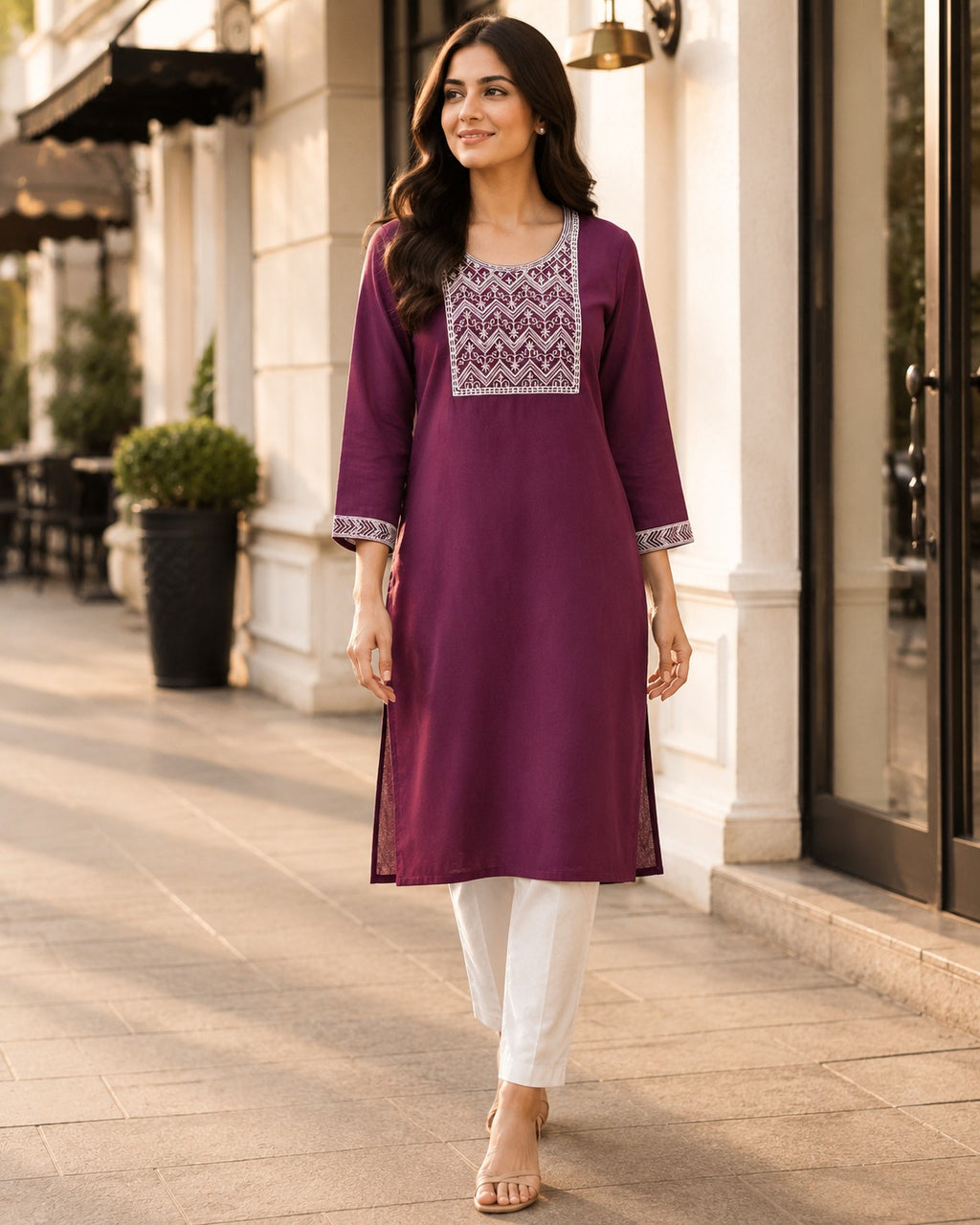 Women’s Wine Embroidered Straight Kurta | Elegant Casual Ethnic Wear