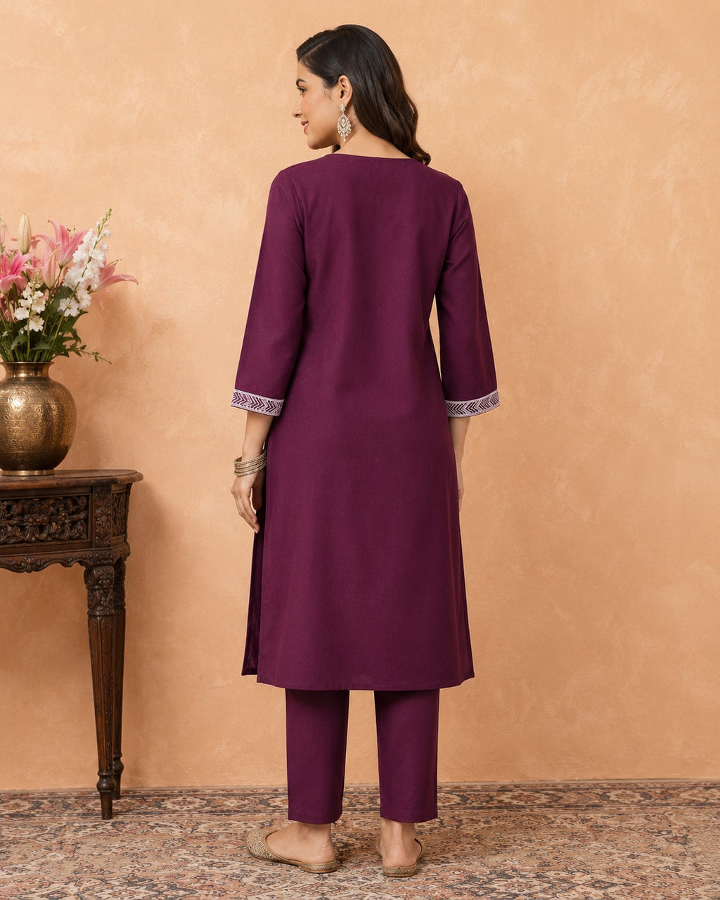 Women’s Wine Embroidered Straight Kurta | Elegant Casual Ethnic Wear