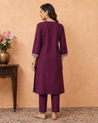 Women’s Wine Embroidered Straight Kurta | Elegant Casual Ethnic Wear