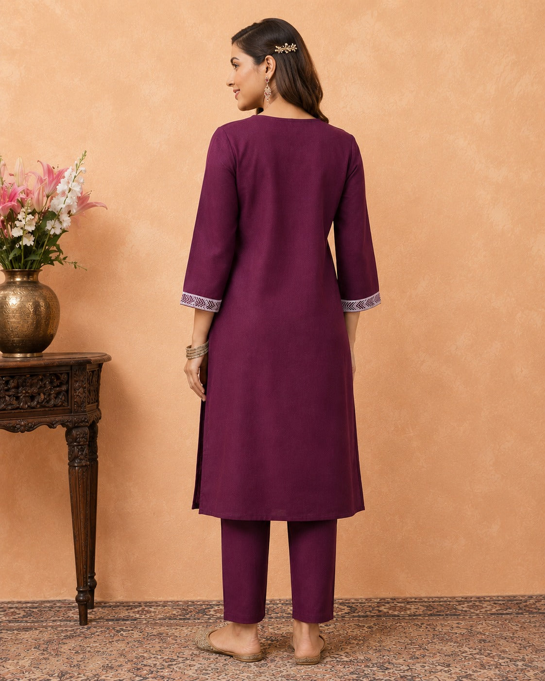 Women’s Wine Embroidered Straight Kurta | Elegant Casual Ethnic Wear