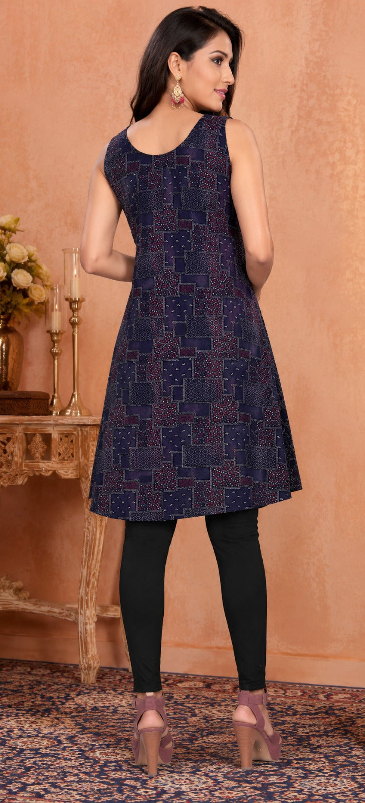 Women’s Navy Blue Printed Sleeveless Flared Short Dress