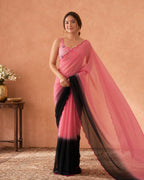 Women’s Pink & Black Ombre Georgette Saree with Designer Blouse
