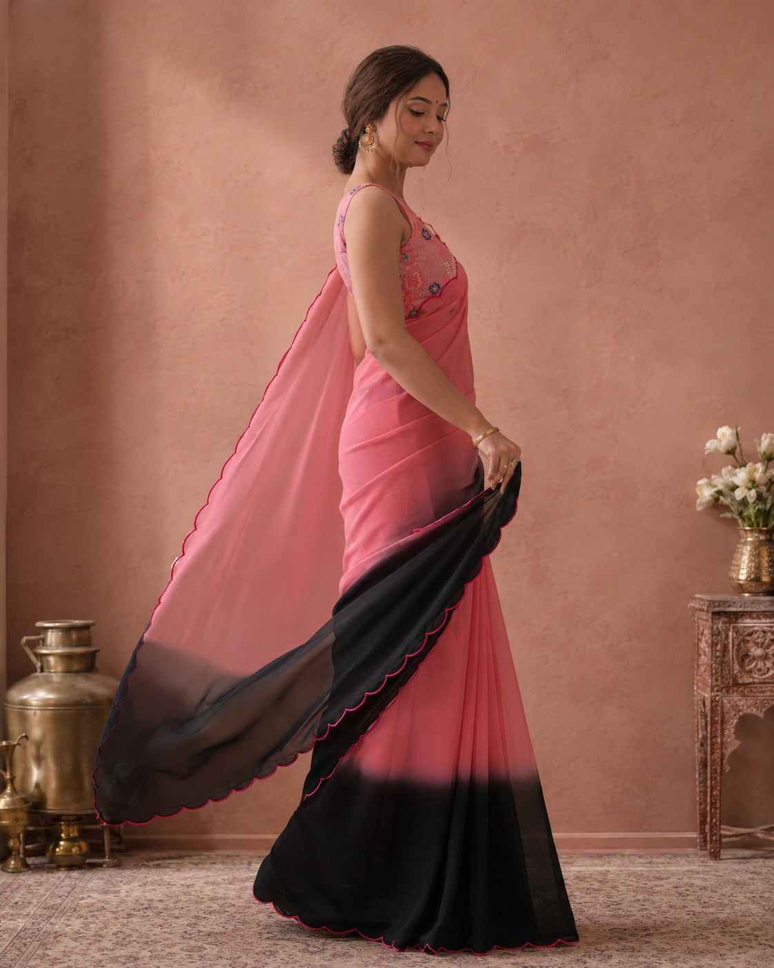 Women’s Pink & Black Ombre Georgette Saree with Designer Blouse