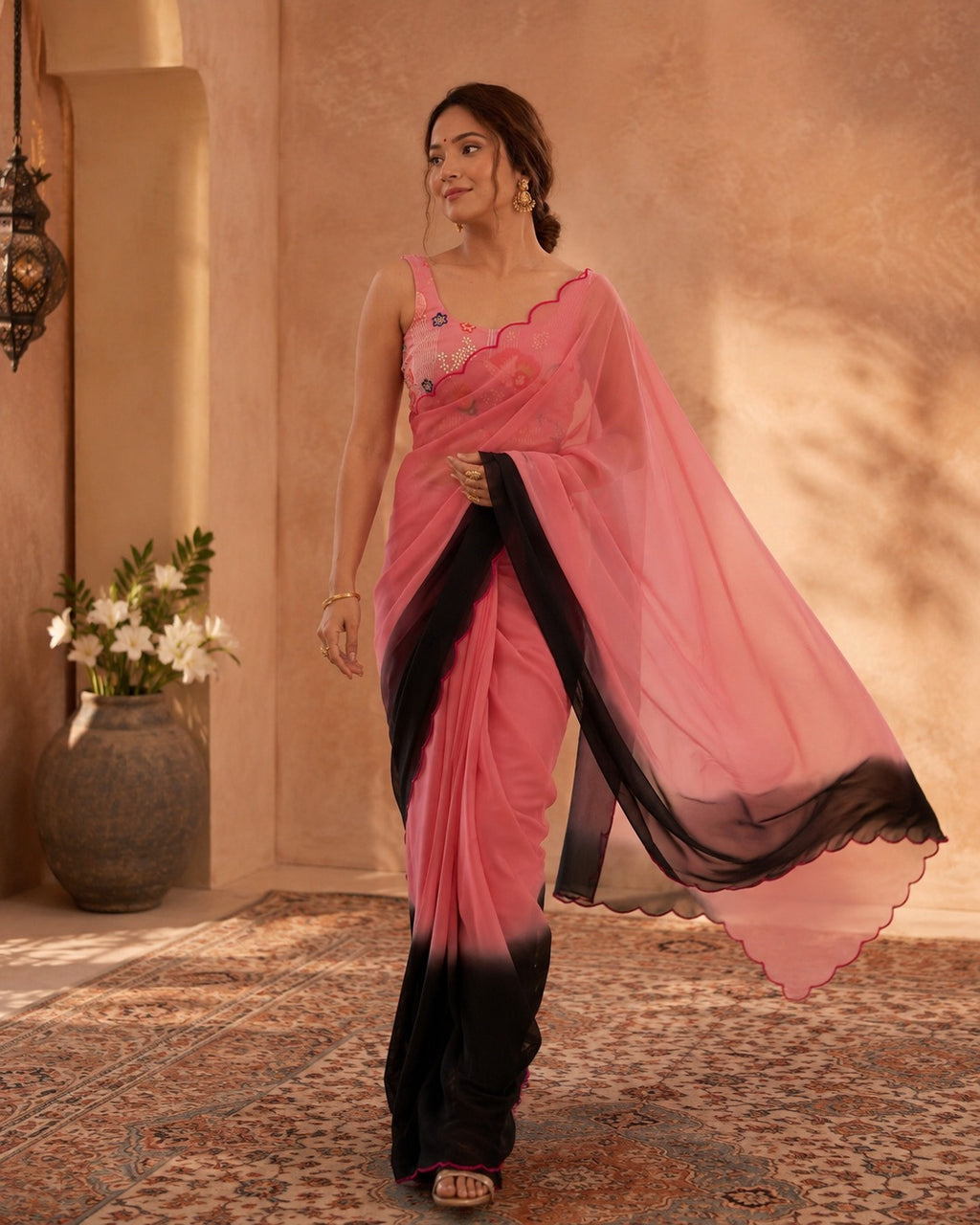 Women’s Pink & Black Ombre Georgette Saree with Designer Blouse