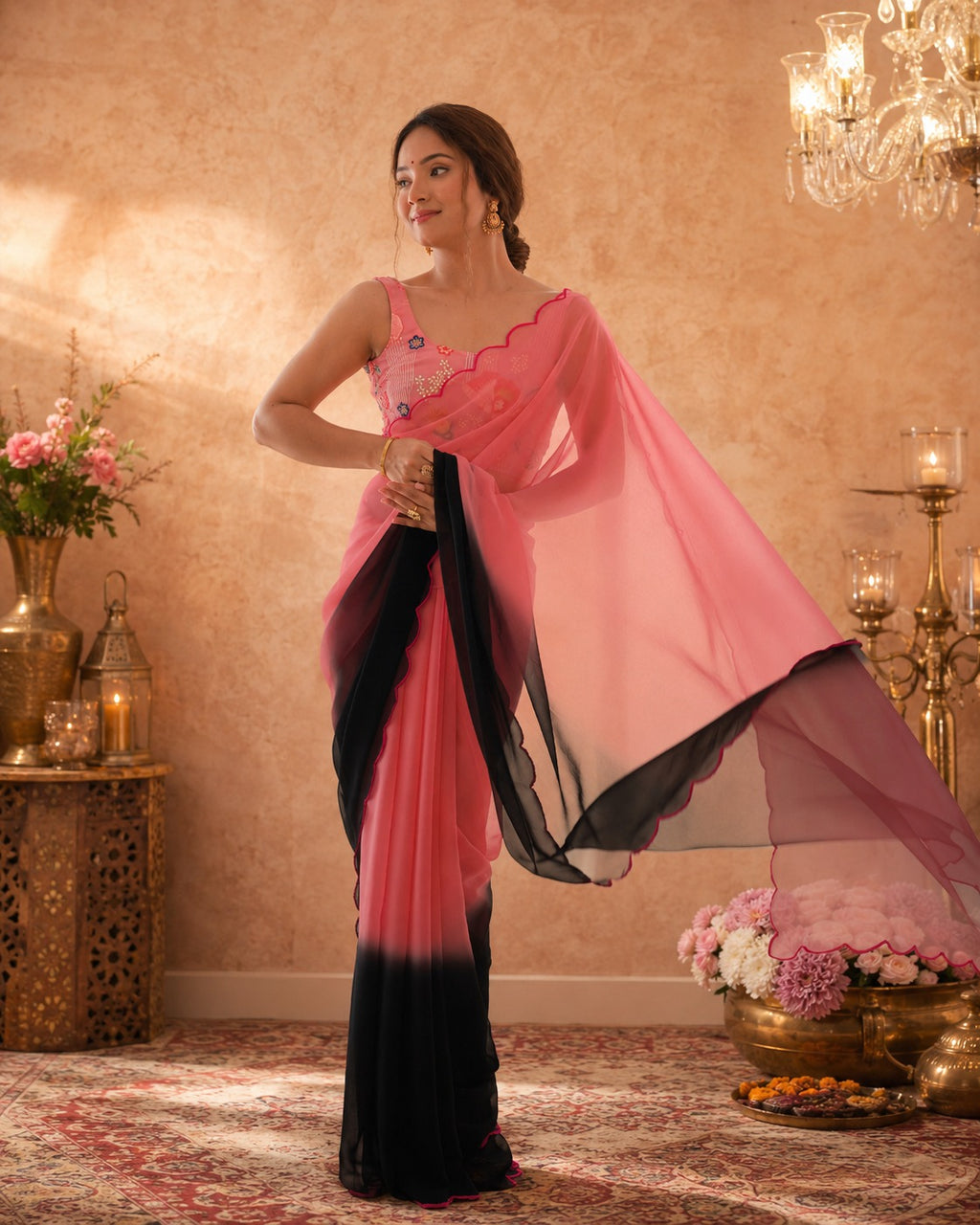Women’s Pink & Black Ombre Georgette Saree with Designer Blouse