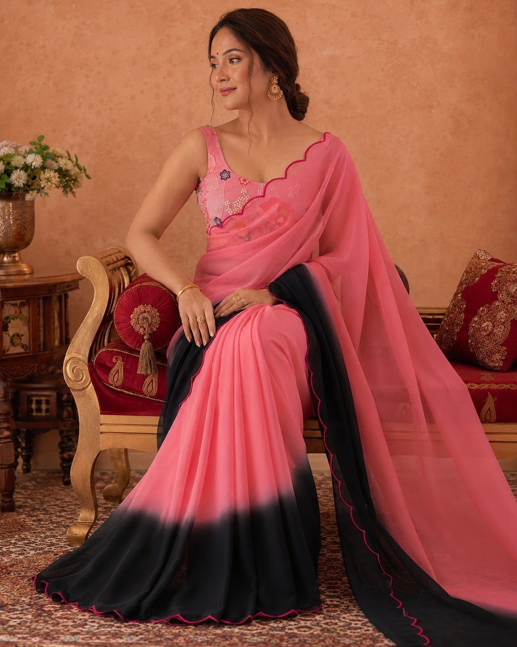 Women’s Pink & Black Ombre Georgette Saree with Designer Blouse