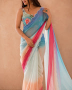 Women's Sky Blue & Pink Ombre Chiffon Saree with Designer Floral Blouse
