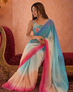 Women's Sky Blue & Pink Ombre Chiffon Saree with Designer Floral Blouse