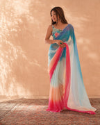 Women's Sky Blue & Pink Ombre Chiffon Saree with Designer Floral Blouse