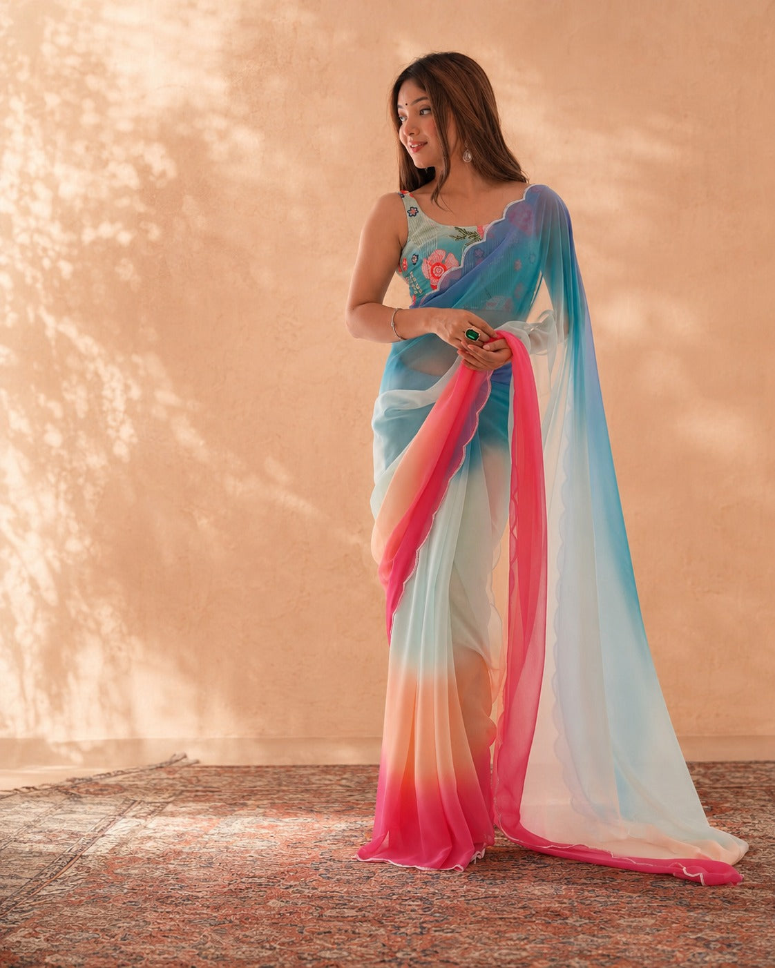 Women's Sky Blue & Pink Ombre Chiffon Saree with Designer Floral Blouse