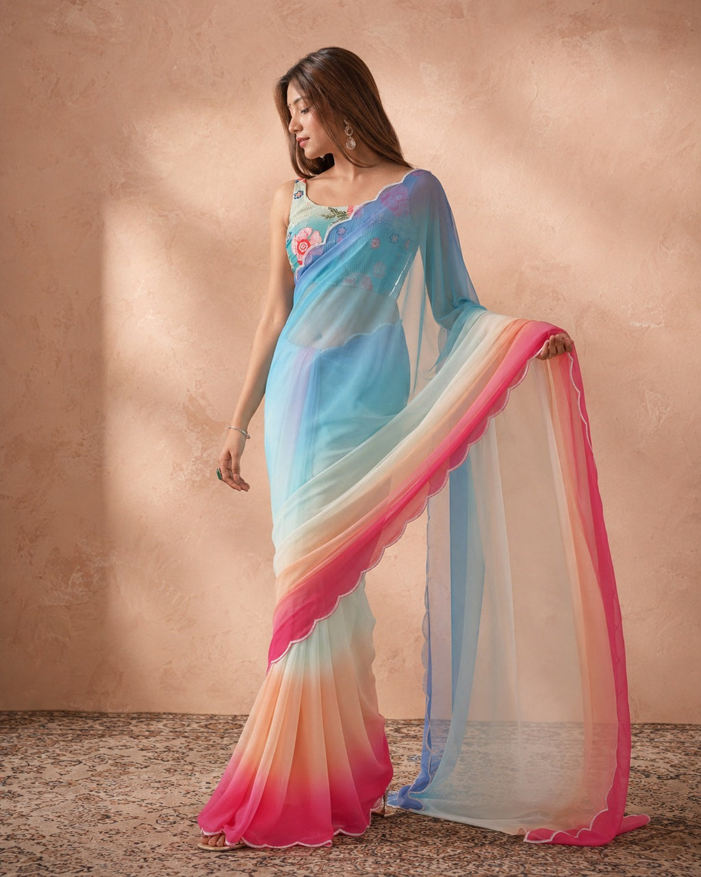 Women's Sky Blue & Pink Ombre Chiffon Saree with Designer Floral Blouse