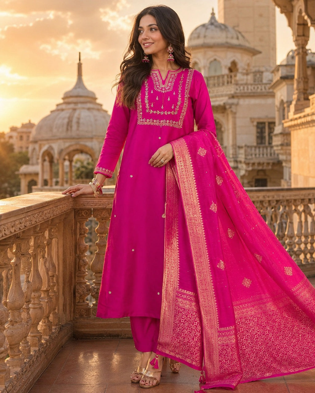 Women’s Pink Embroidered Kurta Pant Dupatta Set