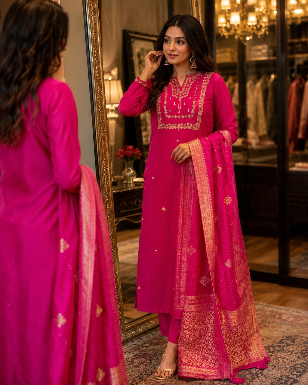 Women’s Pink Embroidered Kurta Pant Dupatta Set