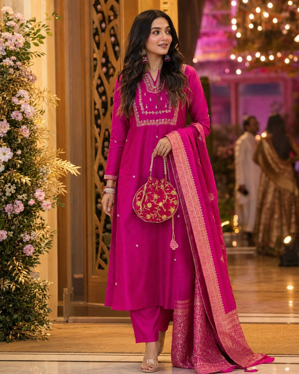 Women’s Pink Embroidered Kurta Pant Dupatta Set