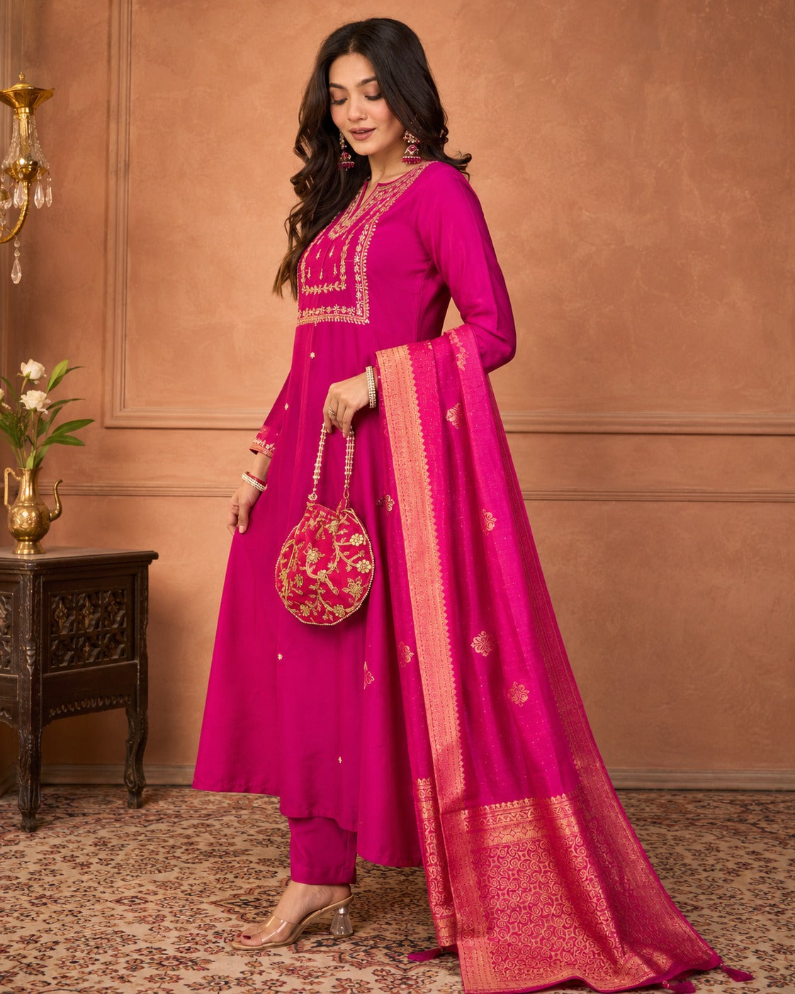 Women’s Pink Embroidered Kurta Pant Dupatta Set
