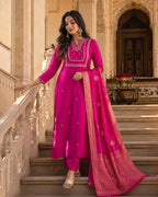Women’s Pink Embroidered Kurta Pant Dupatta Set