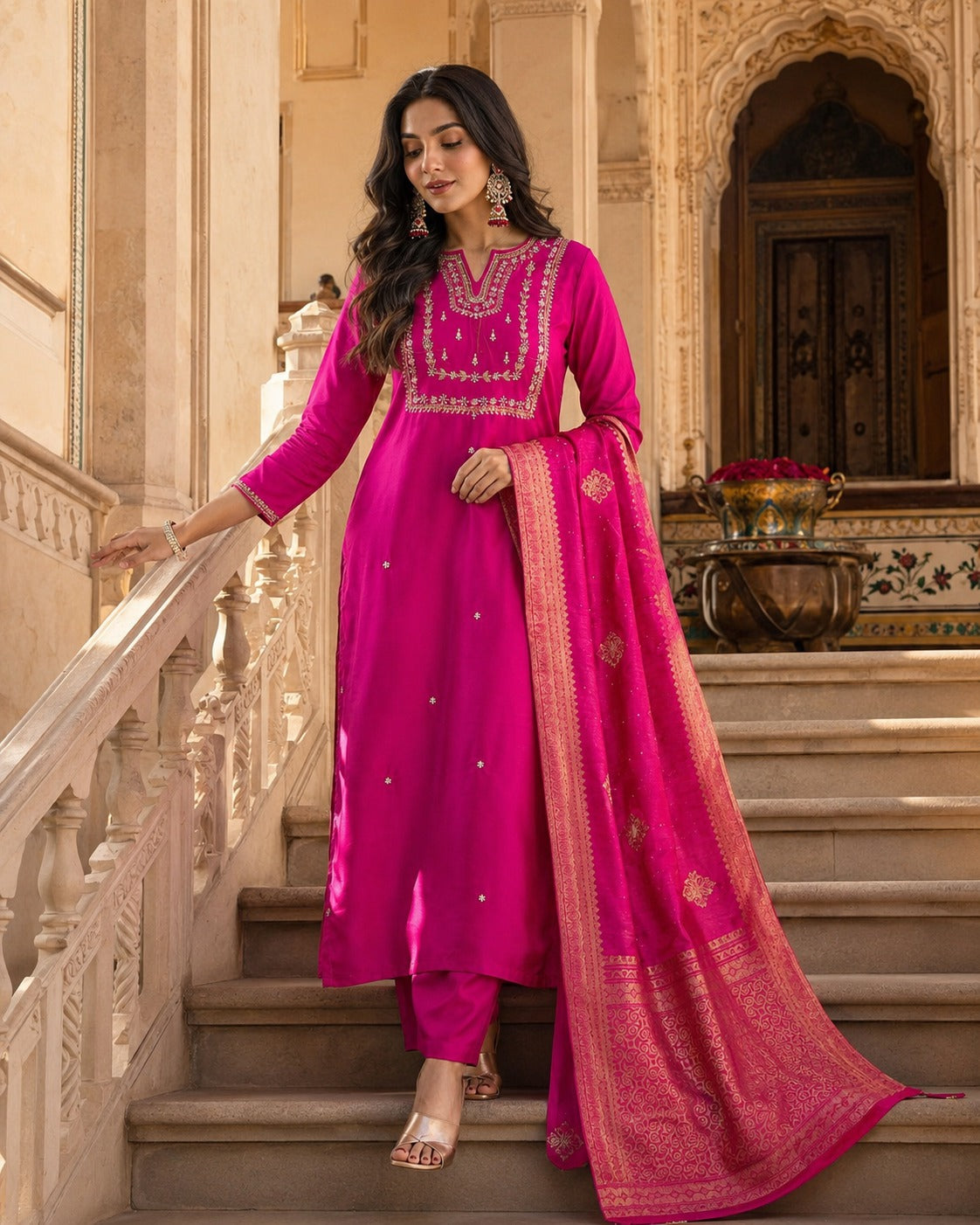 Women’s Pink Embroidered Kurta Pant Dupatta Set