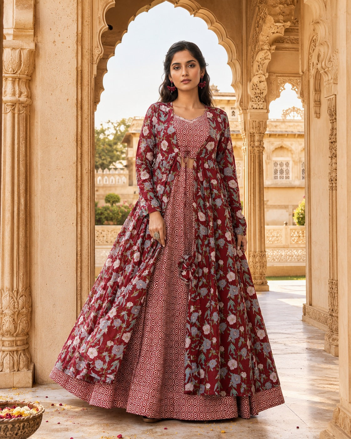 Women’s Maroon Floral Printed Ethnic Anarkali Gown