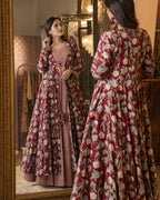 Women’s Maroon Floral Printed Ethnic Anarkali Gown