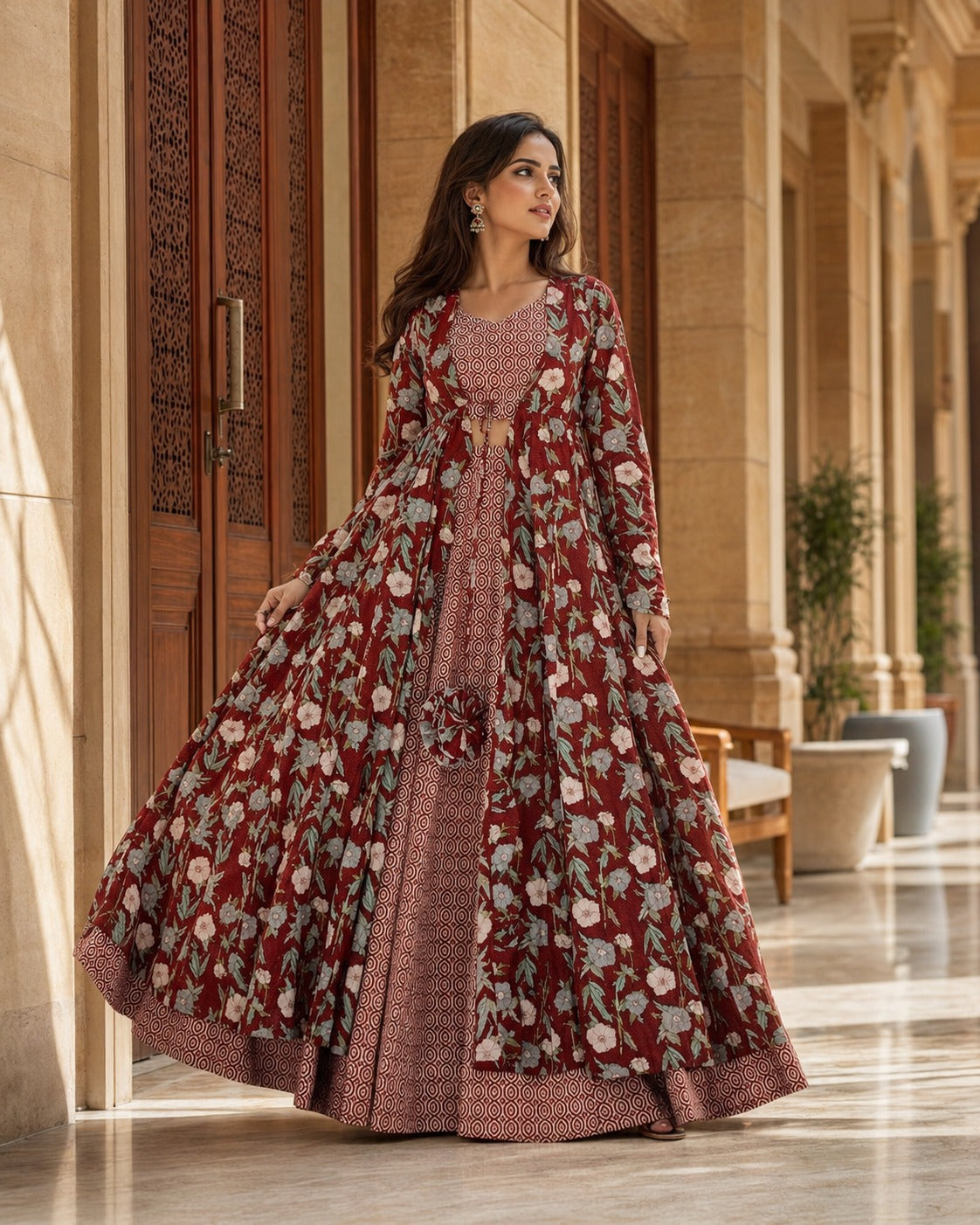 Women’s Maroon Floral Printed Ethnic Anarkali Gown