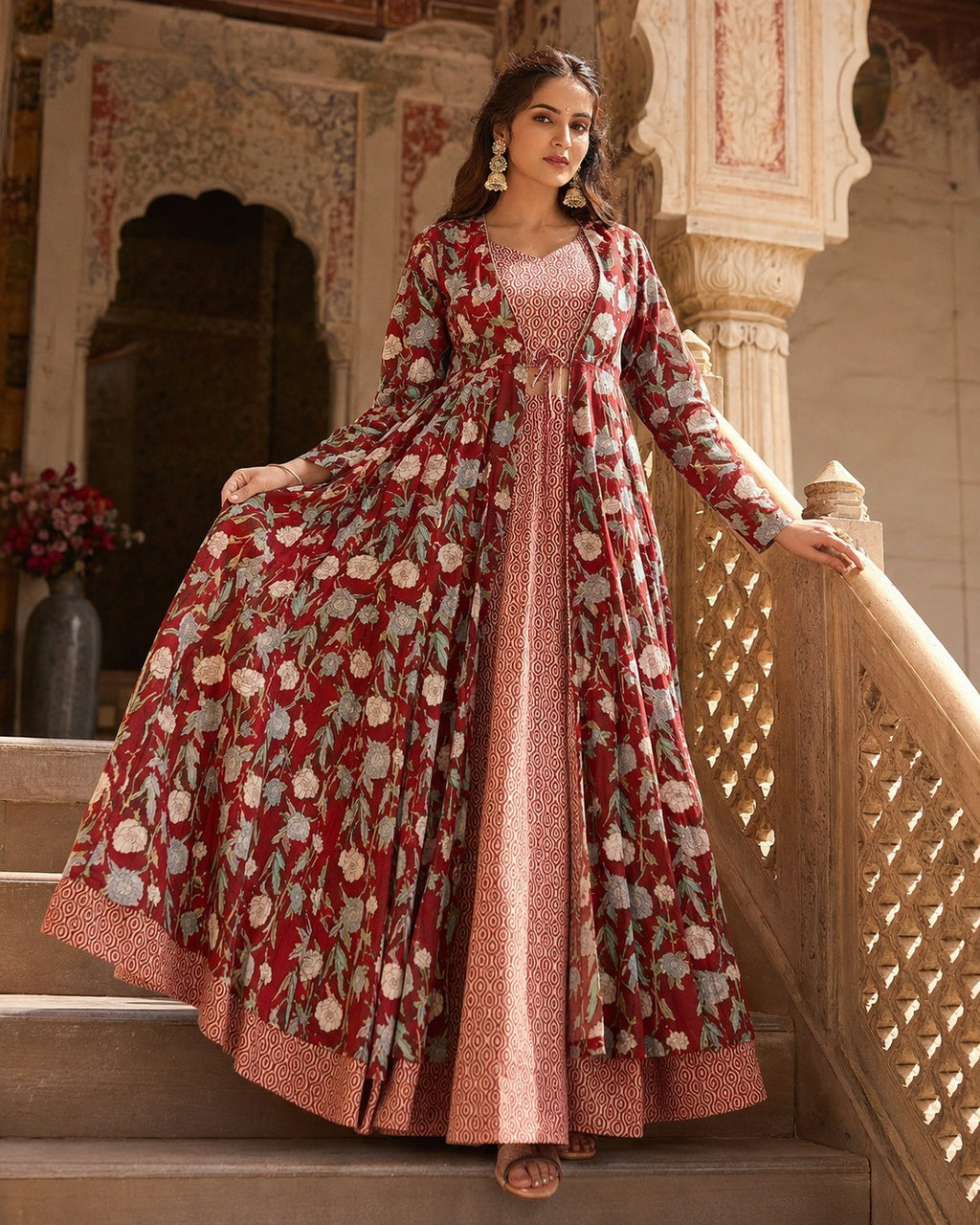 Women’s Maroon Floral Printed Ethnic Anarkali Gown