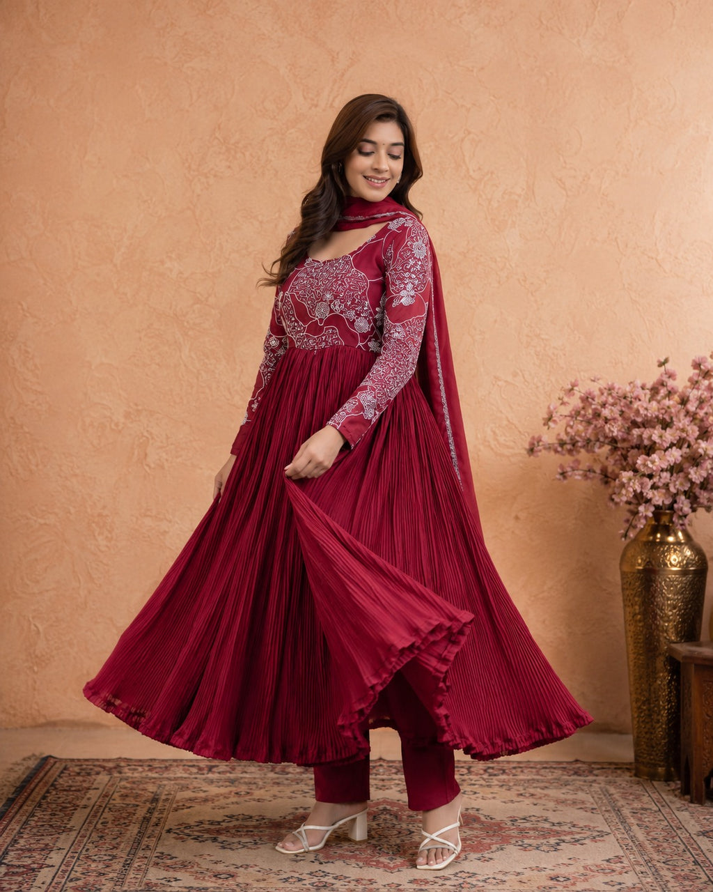 Women’s Maroon Pleated Anarkali Kurta Set with Dupatta