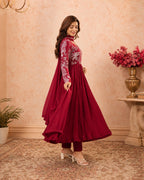 Women’s Maroon Pleated Anarkali Kurta Set with Dupatta