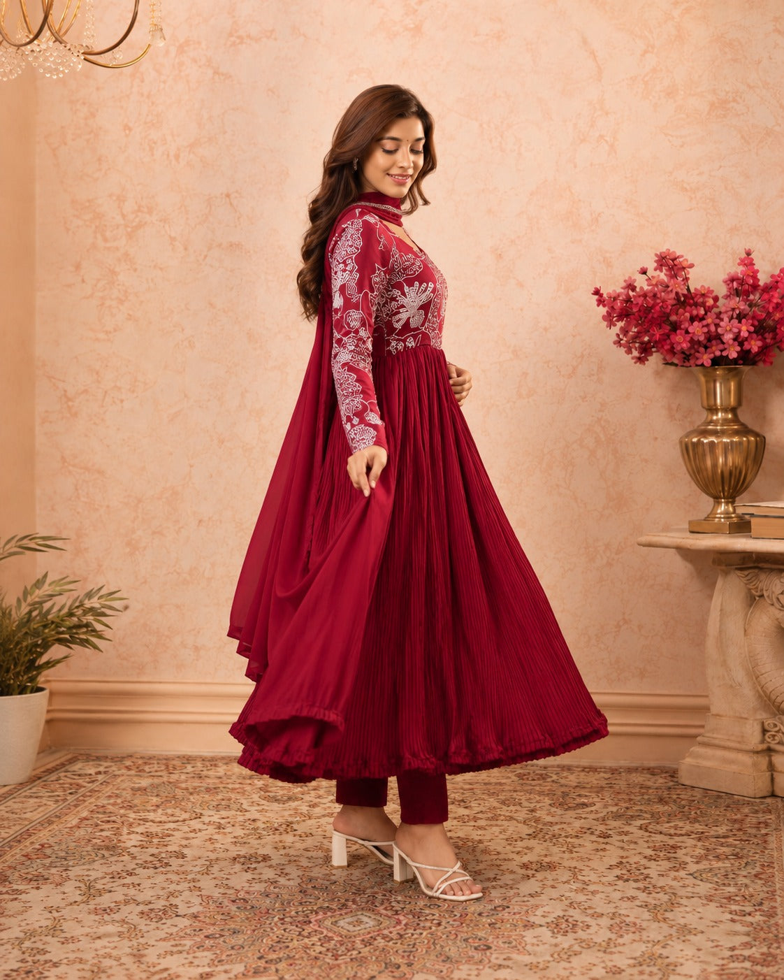 Women’s Maroon Pleated Anarkali Kurta Set with Dupatta