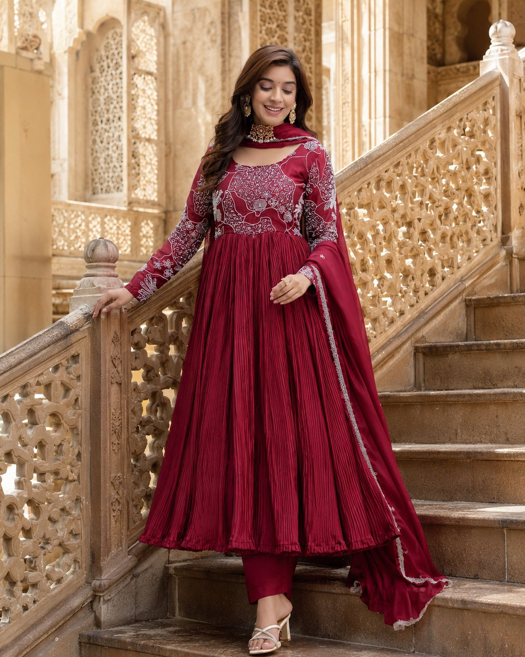 Women’s Maroon Pleated Anarkali Kurta Set with Dupatta