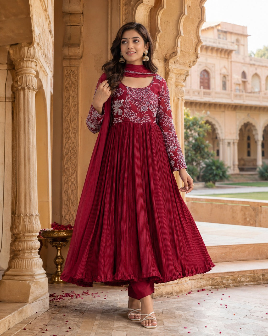 Women’s Maroon Pleated Anarkali Kurta Set with Dupatta