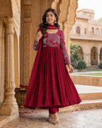 Women’s Maroon Pleated Anarkali Kurta Set with Dupatta