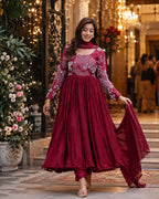 Women’s Maroon Pleated Anarkali Kurta Set with Dupatta
