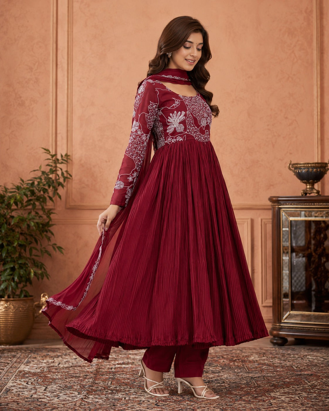 Women’s Maroon Pleated Anarkali Kurta Set with Dupatta