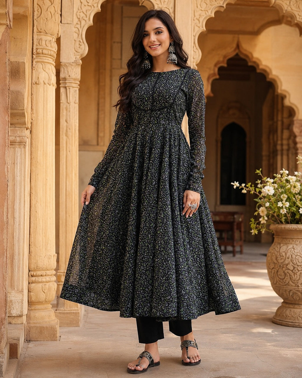 Women’s Black Printed Anarkali Kurta Set