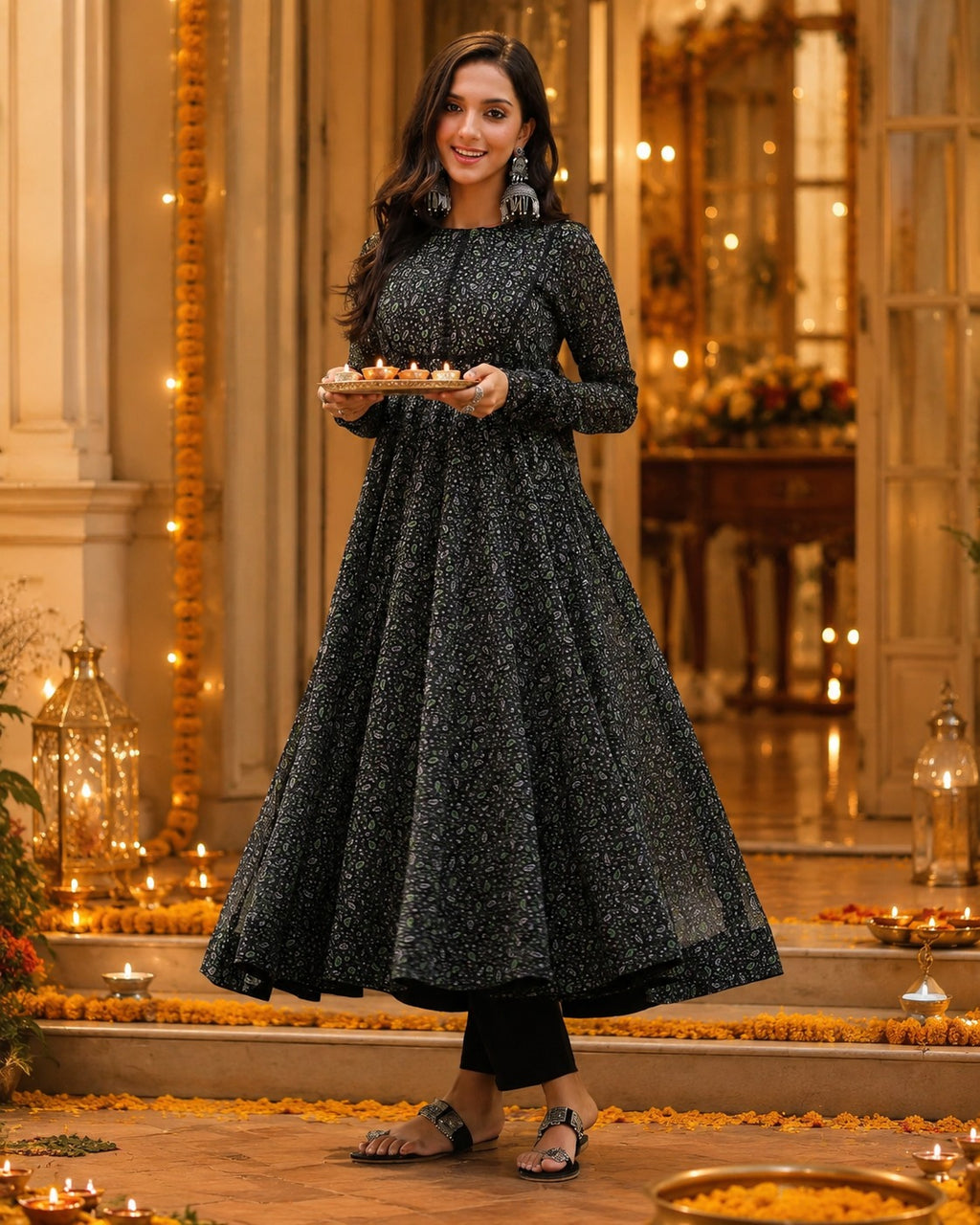 Women’s Black Printed Anarkali Kurta Set