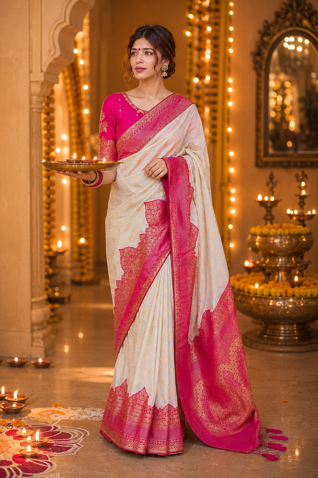 Elegant White & Pink Traditional Silk Saree for Women