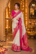 Elegant White & Pink Traditional Silk Saree for Women