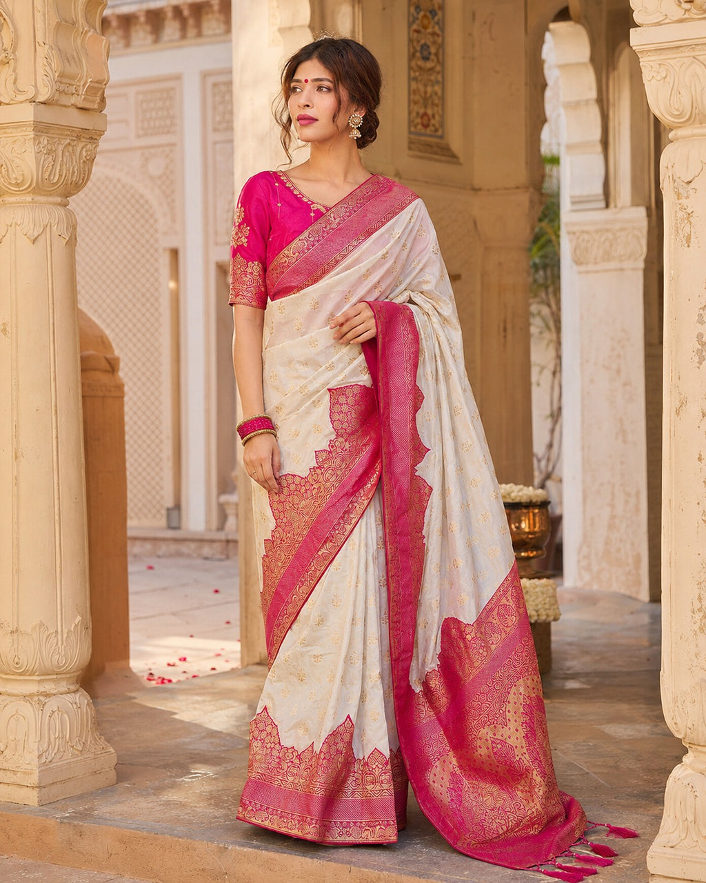 Elegant White & Pink Traditional Silk Saree for Women