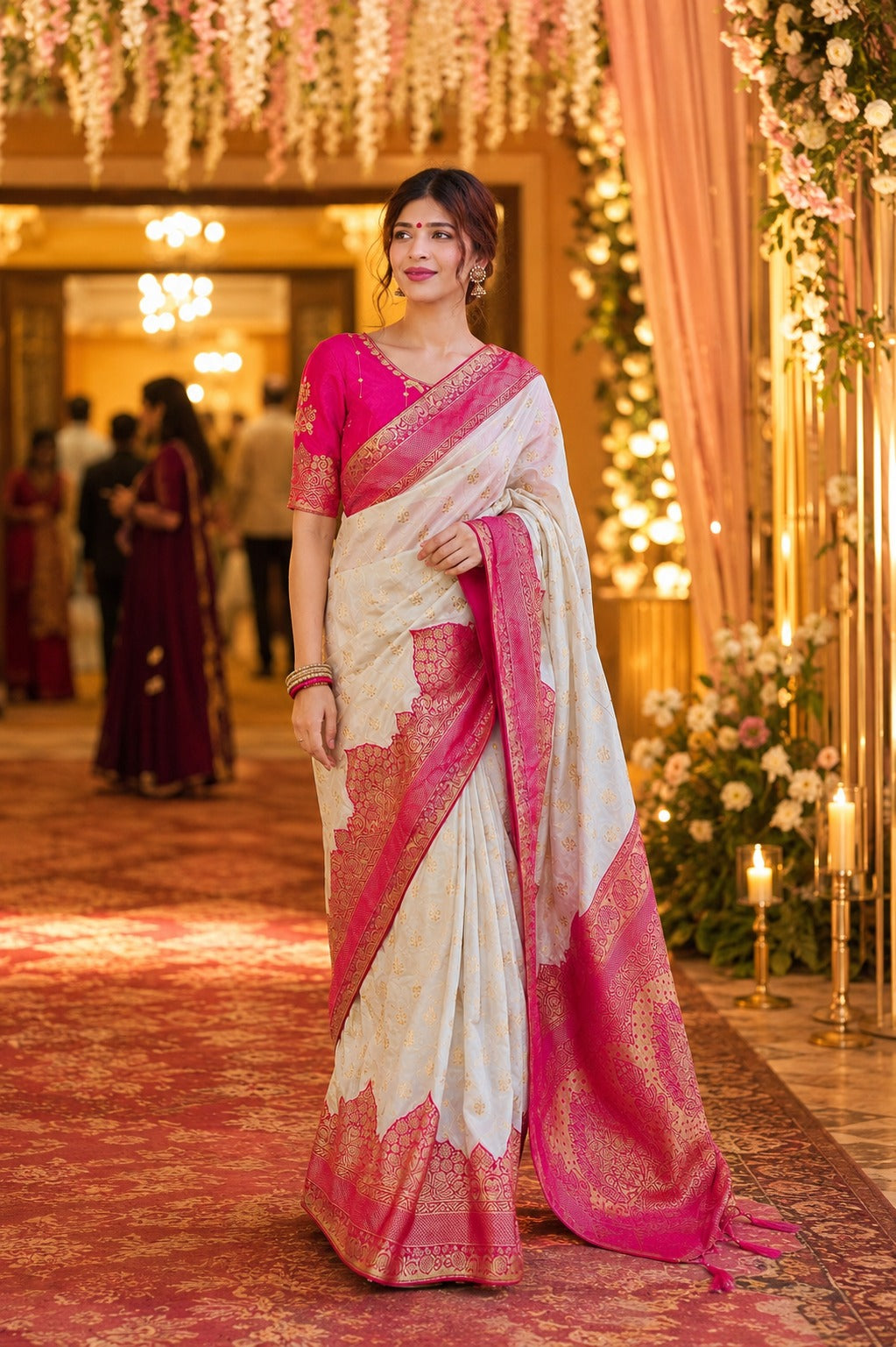 Elegant White & Pink Traditional Silk Saree for Women