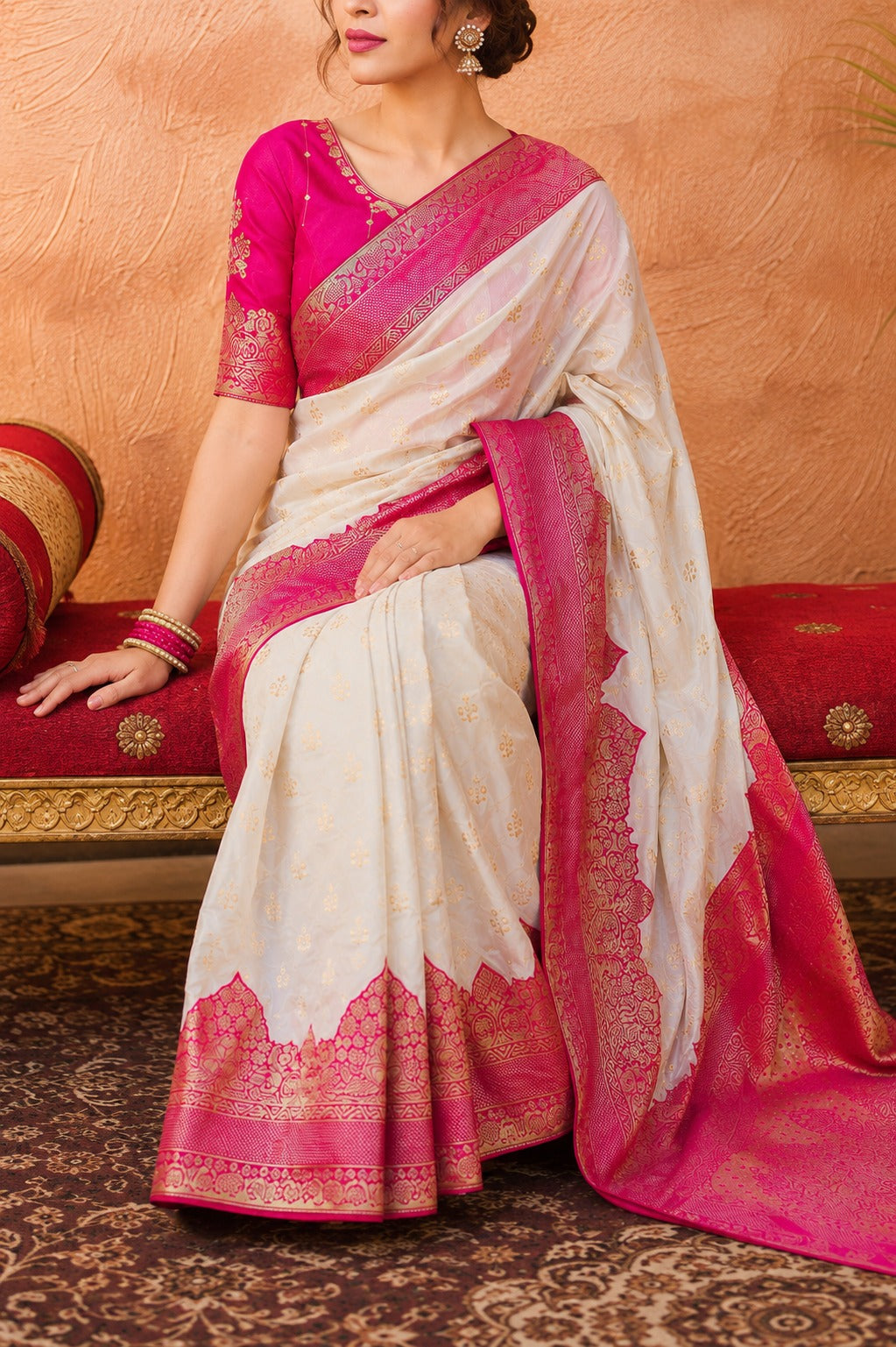 Elegant White & Pink Traditional Silk Saree for Women
